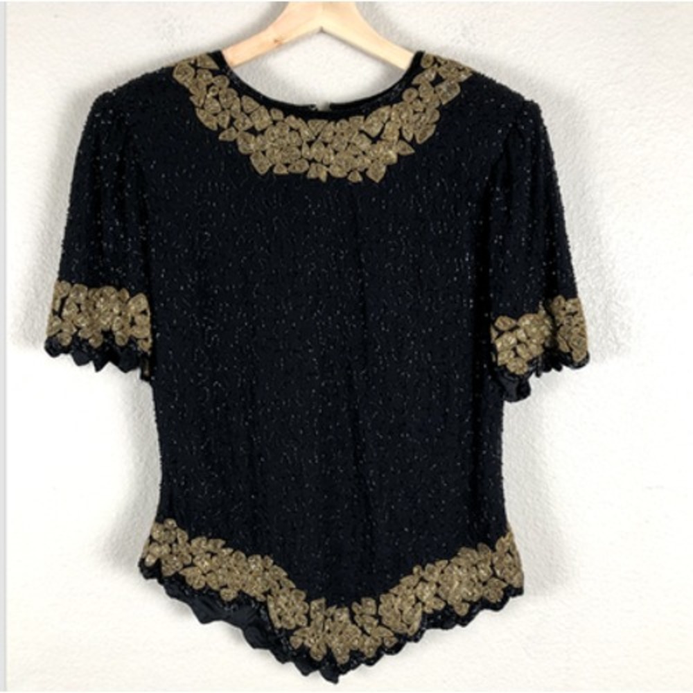 Vintage Lawrence Kazar New York Beaded Sequin Evening Women M Top Black Gold 80s